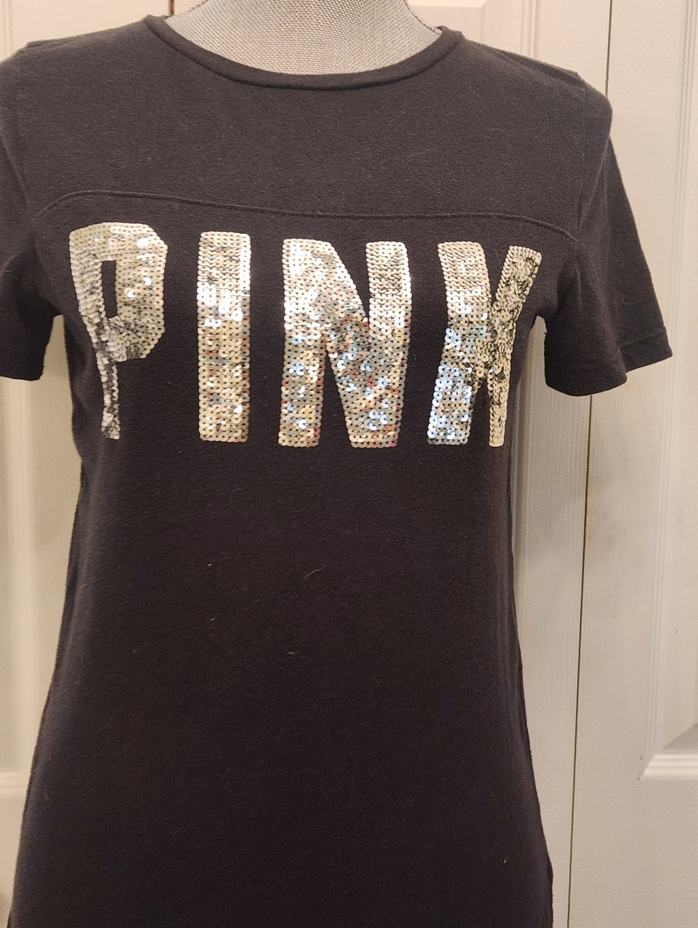 Victorias Secret Pink - Siilver Sequin Logo Tee - Black Sz XS